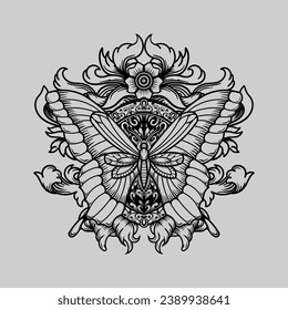 t-shirt design black and white hand drawn butterfly engraving ornament artwork tattoo vector illustration