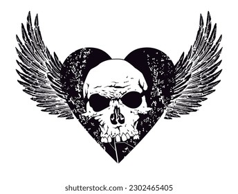 T-shirt design of a black winged heart with a skull. vector illustration ideal for a heavy rock album cover