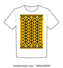 T-shirt design with black and yellow pattern rug of geometric objects.