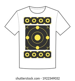 T-shirt design with black and yellow space geometric pattern.