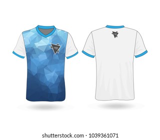 T-shirt design with blue polygonal stripe on front and logo Template for design on white background. Vector illustration eps 10.