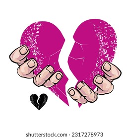 T-shirt design of a broken heart with two hands isolated on white. Vector illustration for Valentine's Day