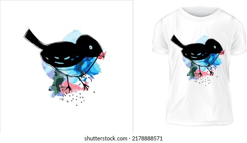 T-shirt design, brush drawing Bird with color splash