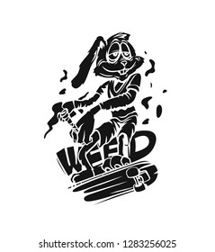 T-shirt Design Bunny with skateboard Text Weed, Hand Drawn Vector illustration.
