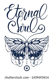 T-shirt design. Butterfly decorated with strands of beads , calligraphy and stylized butterfly egg as symbol of birth of new life.  Butterfly is symbol of eternal soul. Fashionable tattoo design