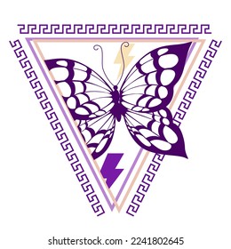 T-shirt design of a butterfly inside a triangle and the symbol of thunder isolated on white