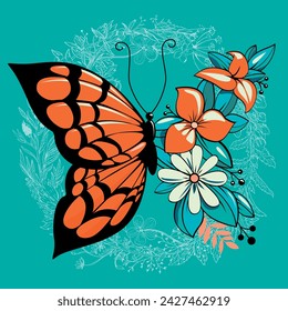 t-shirt design of a butterfly mixed with flowers.