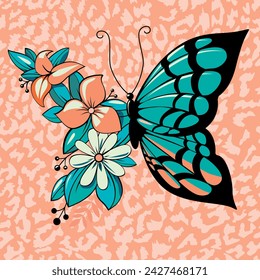 t-shirt design of a butterfly mixed with flowers. Seamless pattern of orange leopard print.