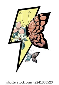 Diseño de camisetas de una mariposa y el símbolo de perno aislado en blanco. ilustración botánica para afiches.