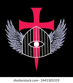 T-shirt design of a cage with wings next to a large medieval cross on a black background.