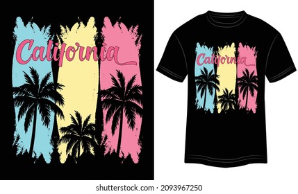 T-shirt Design California Beach Summer Time Vector Illustration and Colorful T-shirt Design Black Background.