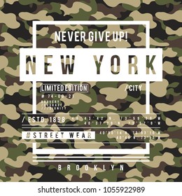 T-shirt design with camouflage texture. New York City typography with slogan for shirt print. T-shirt graphic in street military style. Vector