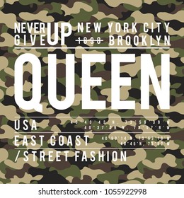 T-shirt design with camouflage texture. New York City typography with slogan for shirt print. T-shirt graphic in street military style. Vector