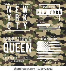 T-shirt design with camouflage texture. New York City typography with slogan for shirt print. Set of t-shirt graphic in street military style. Vector