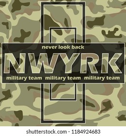 T-shirt design with camouflage texture. New york authentic camouflage apparels typography with slogan for shirt print. Vector illustration.