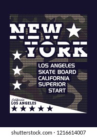 T-shirt design with camouflage texture. New York City typography with slogan for shirt print. T-shirt graphic in street military style. Vector