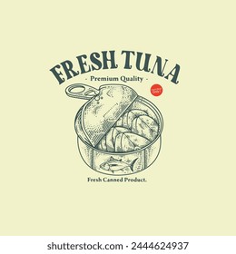 Tshirt design of canned fresh fish meat. vector