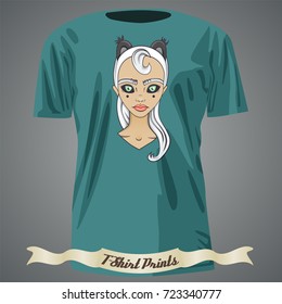 t-shirt design with Cartoon of girl with black eyes, white hair and cat ears