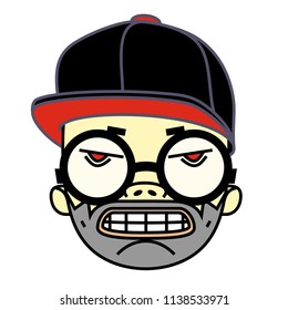 T-shirt design. Cartoon head of a guy in a cap, glasses and with a smirk. Vector illustration.