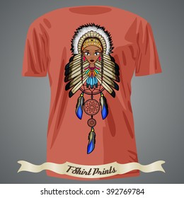 T-shirt design with  Cartoon of Indian Native American Girl with dream catcher