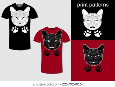 Diseño de camisetas con dibujo de cabeza de gato, modificado para imprimir en camisetas rojas o negras, diseño de moda vectorial con imagen impresa incluida