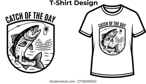T-Shirt-Design von Catch of the day Typografie mit Fisch für Angellogo, Fluss Natur Sport-Abzeichen, Outdoor-Hobby-Emblem und einzeln auf transparentem Wasser grafische Illustration