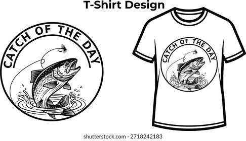 T-Shirt-Design von Catch of the day Typografie mit Fisch für Angellogo, Fluss Natur Sport-Abzeichen, Outdoor-Hobby-Emblem und einzeln auf transparentem Wasser grafische Illustration