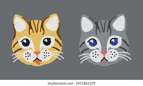 T-shirt design with cats face. Cats face on background. Girlish design on white background. Abstract design for girls. Girlish wallpaper with sequins cats face. Sequins elements on design.