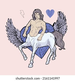 T-shirt design of a centaur with a winged heart on the back isolated on pink. vector illustration of mythological character