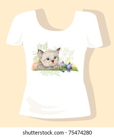 t-shirt design for children with kitten and bluebell