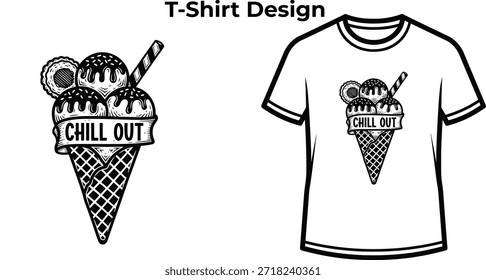 T-shirt design of Chill out typography with melting ice cream for summer logo, cold sweet dessert badge, tasty food emblem and isolated on transparent snack graphic illustration
