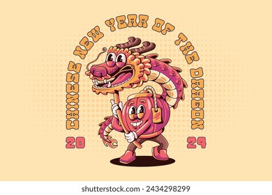 T-shirt design with chinese lantern performing dragon dance Retro Cartoon Character Illustration. Year of the dragon 2024