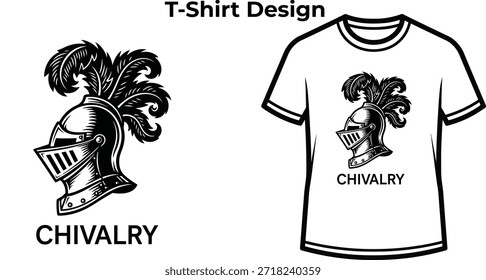 Diseño de camiseta de tipografía de caballería con perfil de casco de caballero para logotipo medieval, insignia de armadura de guerrero antiguo, emblema de batalla de historia y aislado en ilustración gráfica de combate transparente