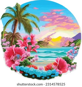 t-shirt design of clean beach island art style