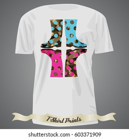 T-shirt design with colorful boots with solid and pattern elements