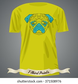 T-shirt design with Colorful head of Pug in linear graphic design