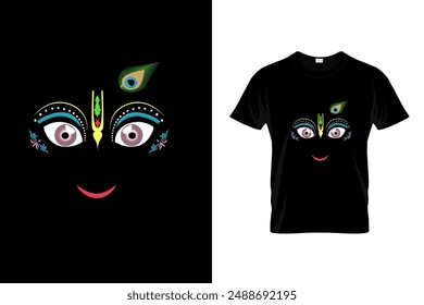 T-shirt design concept of Lord Krishna drawing isolated on dark background - vector illustration