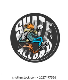 T-shirt design Cool hipster skater with skateboard, Hand Drawn Sketch Vector illustration.