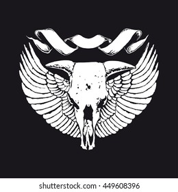 T-shirt design with cow skull and wings. Monochrome apparel design. Vintage vector illustration.