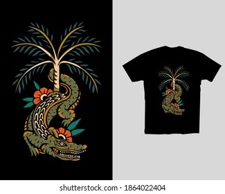 t-shirt design with crocodile and palm tree graphic illustration vector