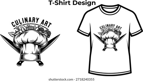 T-shirt design of Culinary art typography with chef hat and knives for cooking logo, kitchen food badge, restaurant service emblem and isolated on transparent gastronomy graphic illustration