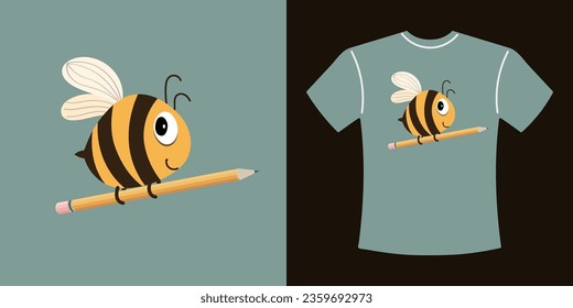 T-shirt design with cute bee. Drawing of a cartoon bee on a t-shirt. Print for clothes. Illustration, vector