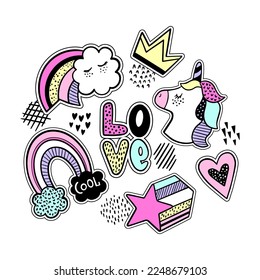 T-shirt design of cute stickers and different elements with  hearts, crown, rainbow, stars, unicorn. Fashion patch, badges in cartoon style.