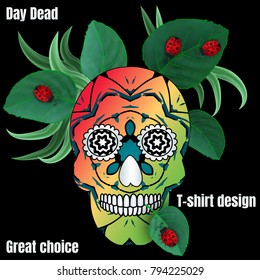 T-shirt design. Decorated skull with leaves, grass and ladybug. Vector illustration. EPS10