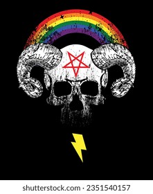 T-shirt design of a devilish skull with horns, a rainbow and the symbol of thunderbolt. Vector illustration for satanic poster.