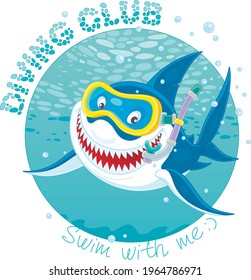 T-shirt design of a diving club with a funny great white shark swimming with a mask and a snorkel in blue water of a tropical sea, vector cartoon illustration isolated on a white background