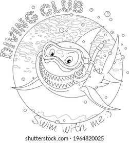 T-shirt design of a diving club with a funny great white shark swimming with a mask and a snorkel at a depth of a tropical sea, black and white outline vector cartoon illustration