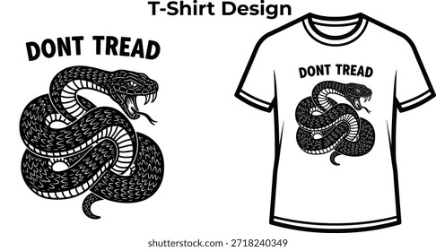 Diseño de la camiseta de la tipografía de la pisada de Dont en mí con la serpiente en espiral para el logotipo de la libertad, insignia del reptil de la advertencia, emblema animal peligroso y aislado en la ilustración gráfica transparente de la naturaleza