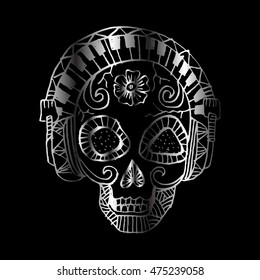 T-Shirt Design Doodle Zentangle Retro Pattern, DJ Skull Headphone Youthful Urban Subculture