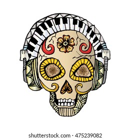 T-Shirt Design Doodle Zentangle Retro Pattern, DJ Skull Headphone Youthful Urban Subculture